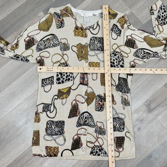 XXist Shimmer Purses Print Button Up Cardigan Sweater Gold Tan Multi Large - Picture 12 of 13